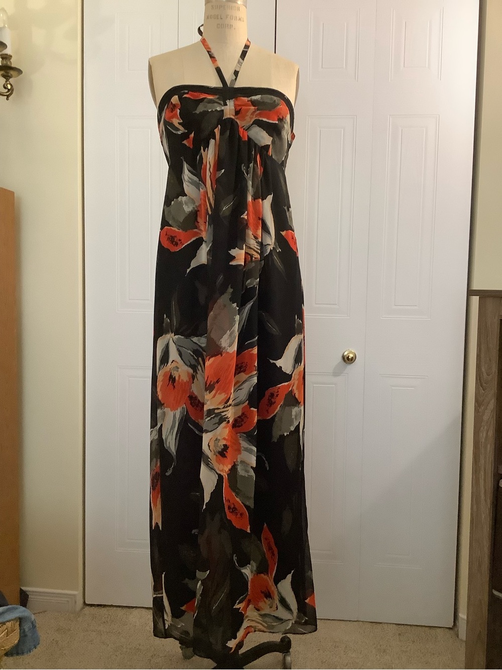RW&CO. Black Halter Maxi Dress with Orange & Gray Floral Print